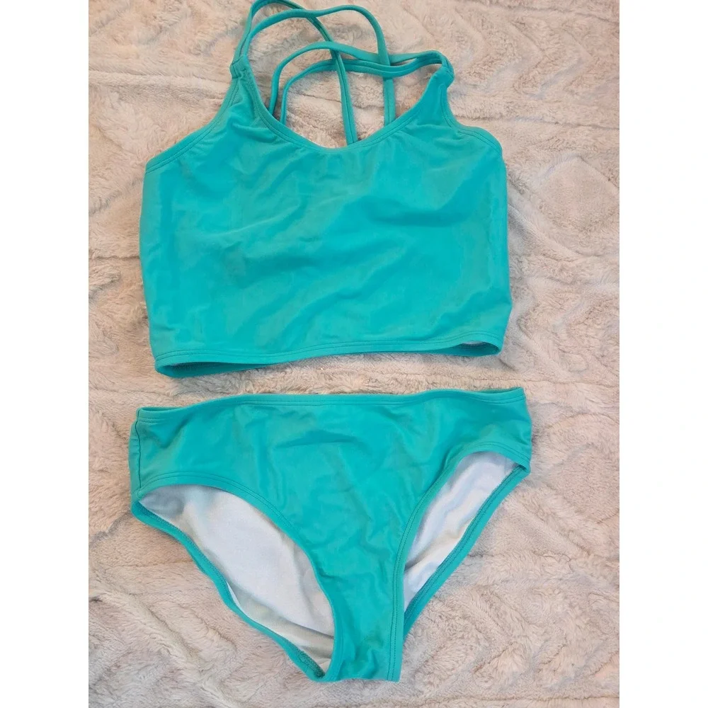 Girls Turquoise Strappy Back Two Piece Swimsuit Bikini Set Teal Size 12